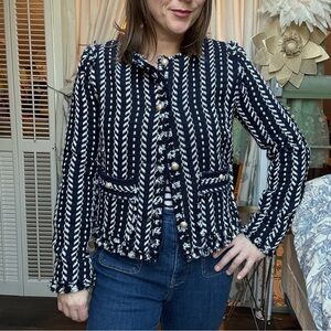 Jealous Tomato Fringed tweed jacket Sz Medium pockets button front Navy & White